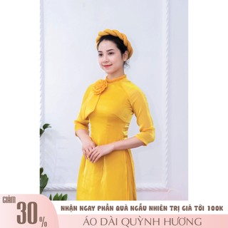 Áo dài voan tơ vàng cổ nhún đính hoa  (form nhỏ, khách tăng 1 size, chat với shop trước khi đặt hàng)