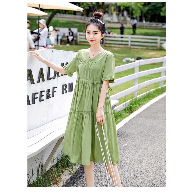 Váy bầu thiết kế trẻ trung xinh xắn 2 màu xanh và hồng size 40-75kg