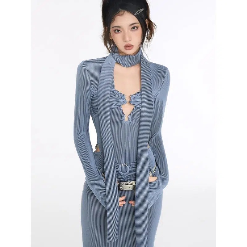 Set áo liền thân Croptop màu xanh xám combo chân váy dài đường phố thu đông hàng thiết kế cao cấp B018 mới 2022 | BigBuy360 - bigbuy360.vn