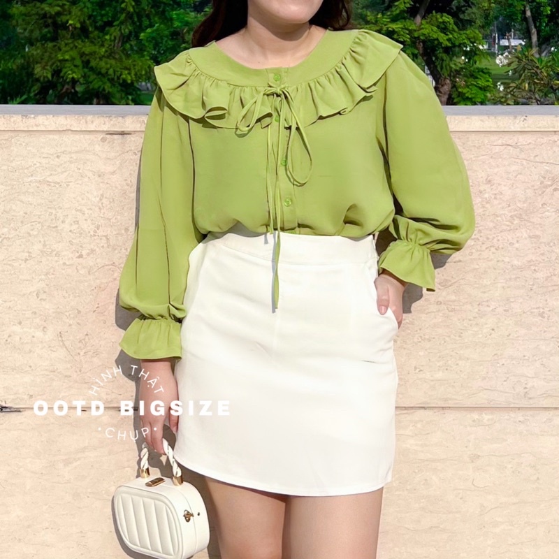 Áo sơ mi big size nữ tay dài bèo vai nơ dây cổ (OOTD BIGSIZE 60-90KG)