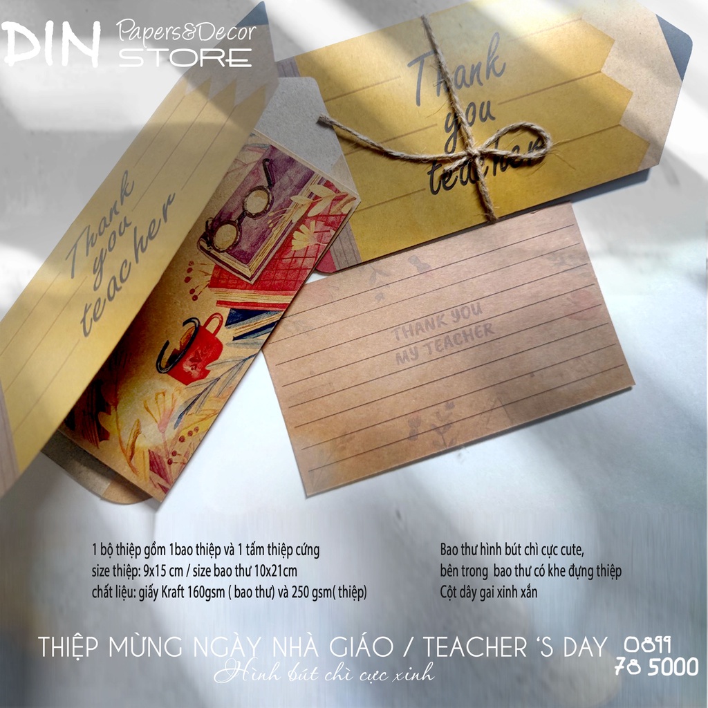 Thiệp Handmade tặng Giáo viên - Mừng ngày nhà giáo Việt Nam 20-11 - Pencil Kraft Card kiểu dáng bút chì- DIN Store