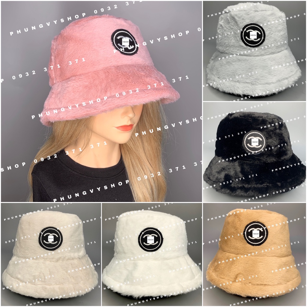 Mũ bucket cực hot unisex nam nữ mùa thu đông giữ ấm -BO LÔNG Lo Đen TRÒN THÊU NEO  - nón tai bèo vành