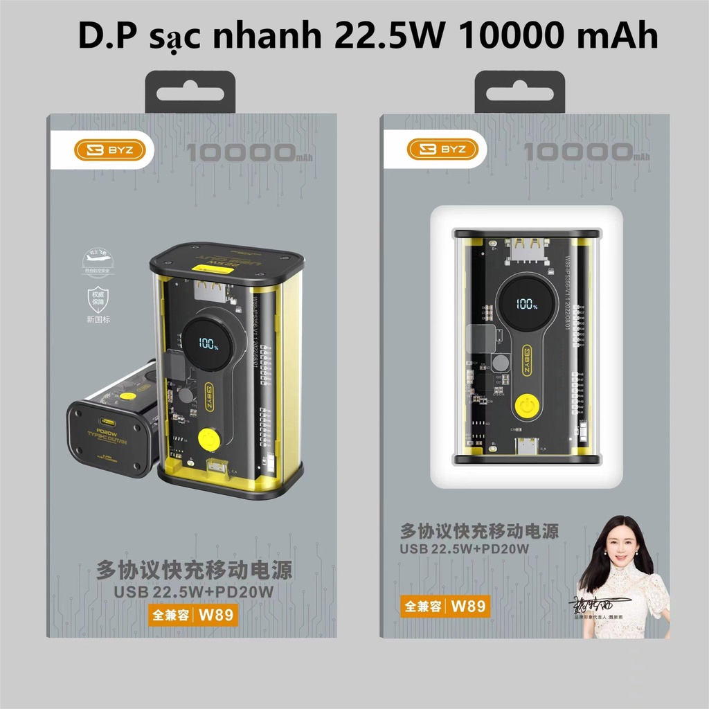 Sạc Dự Phòng trong suốt nhìn thấy linh kiện bên trong BYZ W89 Sạc Nhanh 22.5w 10.000mAh