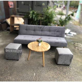 Bộ Bàn Ghế Salon Giường Nằm Nhung Xám Dài 1m8 / Sofa Bed Cao Cấp 6 Chân Gỗ