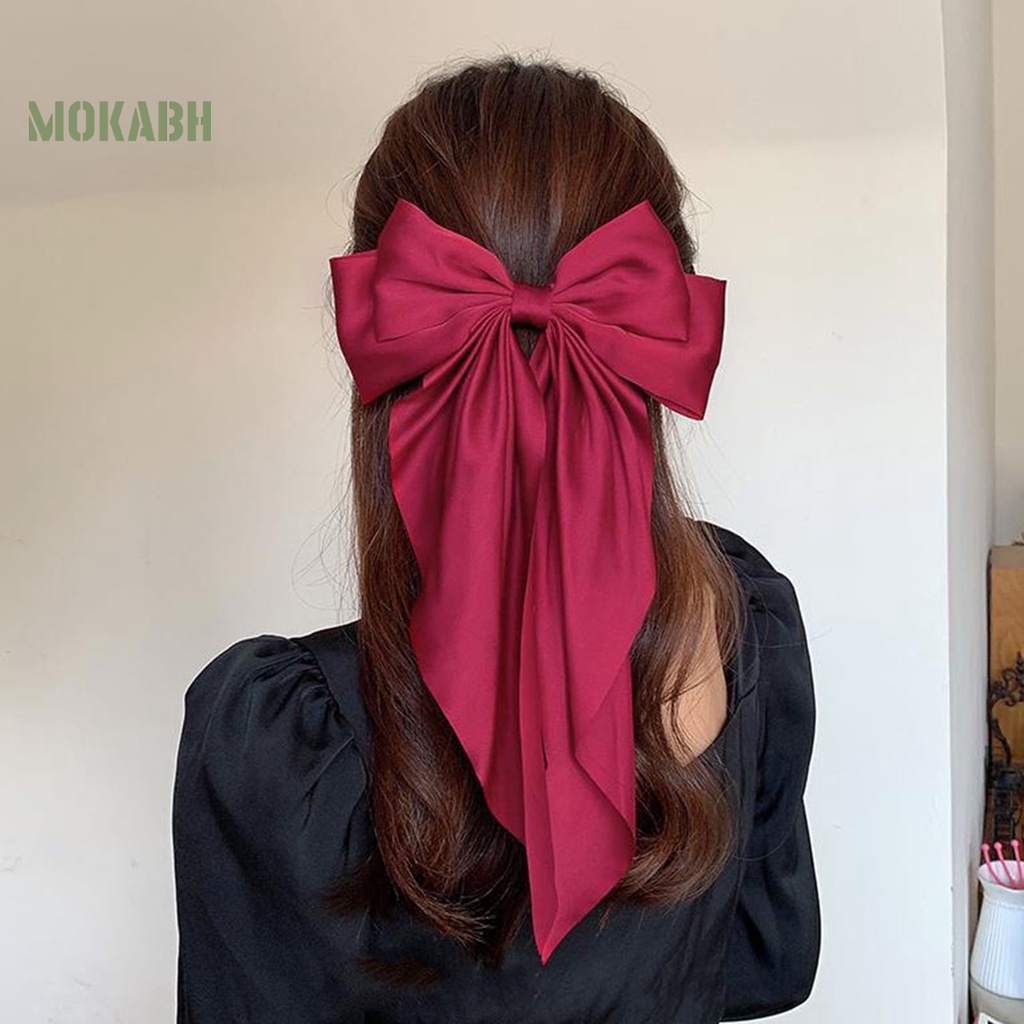 Kẹp Tóc Đuôi Ngựa Bằng Satin Hai Lớp Thắt Nơ Lớn Màu Trơn Thanh Lịch Cổ Điển Dành Cho Bạn Nữ