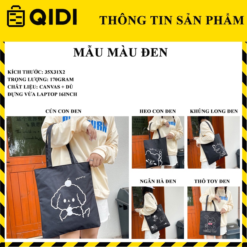 Túi Tote, Túi Vải Canvas 2 Lớp Dày Dặn Có Khóa Kéo Đẹp Đi Học Đi Chơi In Hình Heo Con Đen