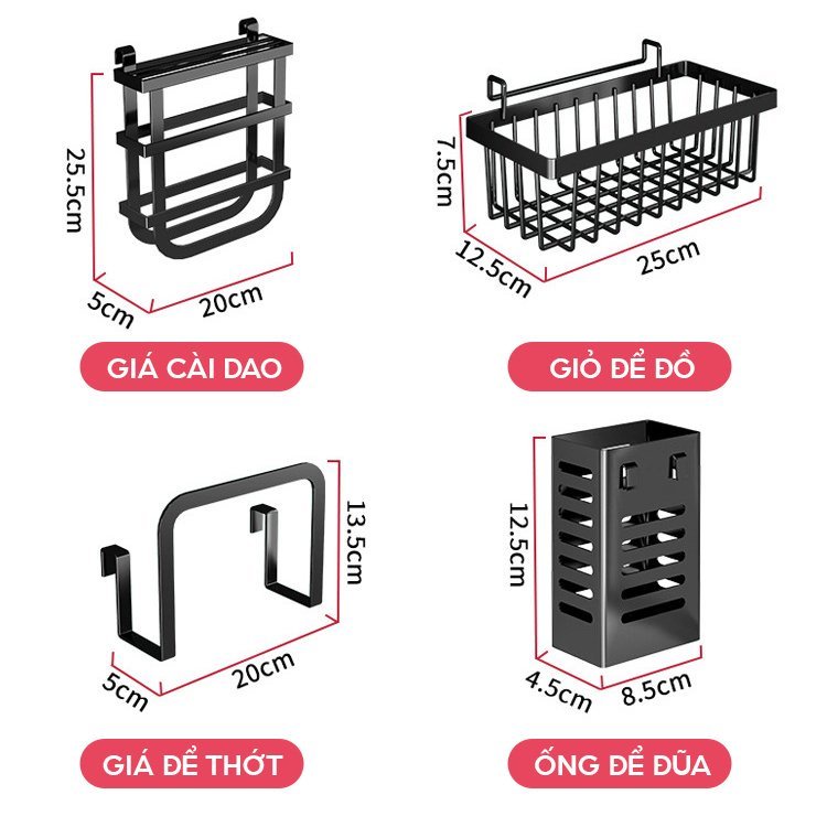Phụ kiện đa năng inox 304 cho kệ giá phòng bếp - ống đựng đũa đơn, giá cài vung thớt, giá cài dao