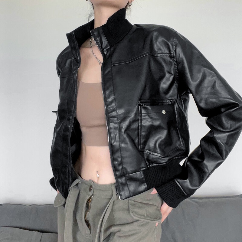 Áo khoác da Kliou tay dài dáng rộng có khóa kéo phong cách punk 2022 cá tính dành cho nữ