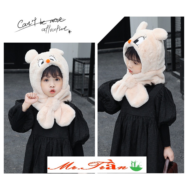 Mũ len Gấu Kèm Khăn Nhung rất ấm cho bé đội mùa đông bảo vệ, giữ ấm đầu và cổ- Nhiều màu cho cả bé trai và bé gái- MSG03