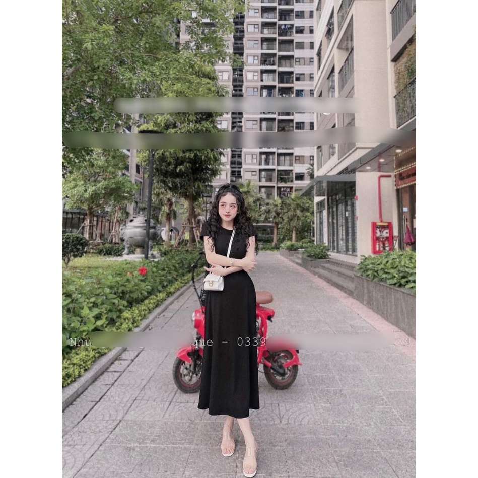 Đầm nữ dáng dài tay ngắn cổ tròn xẻ tà nhẹ xinh