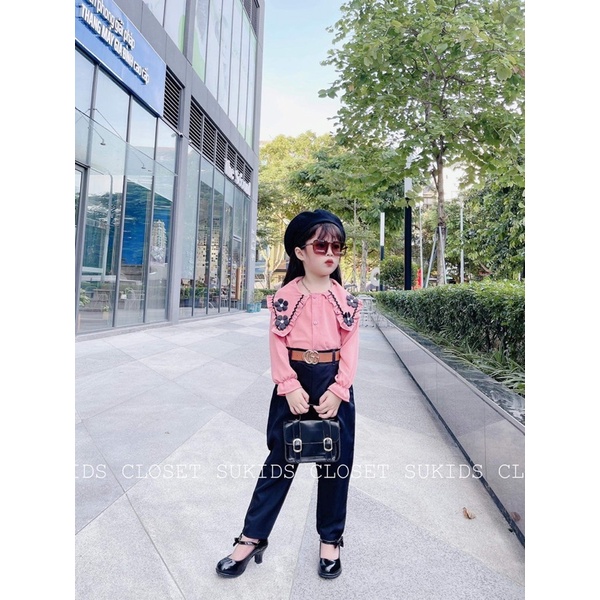 Set sơ mi cổ hoa bèo + quần baggy cho bé gái