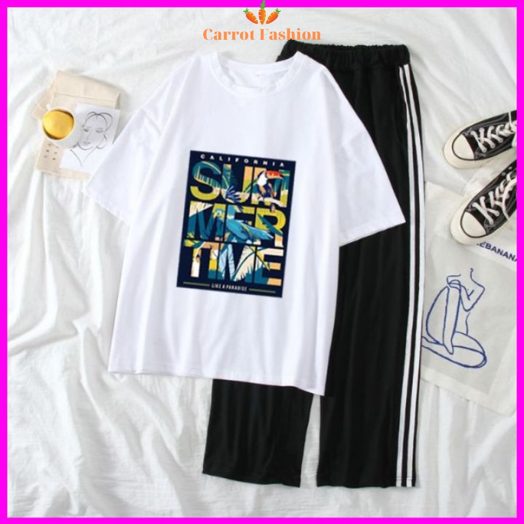 Hàng Loại 1: Set Đồ Nữ Đi Chơi Đi Học CARROT FASHION, Sét Đồ Bộ Nữ Cotton Áo Thun In SUMMER Mix Quần Ống Rộng Kẻ Caro
