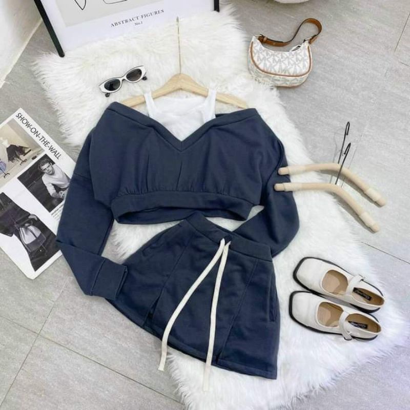 SET CROP NỈ PHỐI TRẮNG CỔ YẾM + CHÂN VÁY