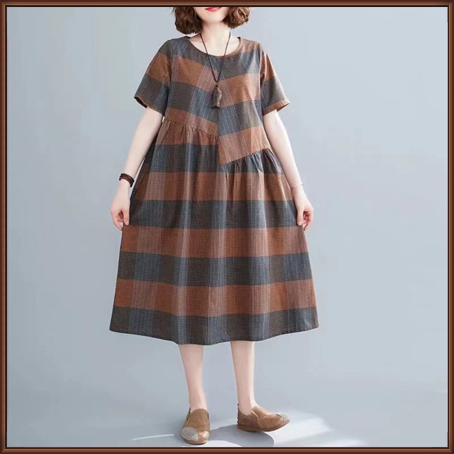 Đầm Tay Ngắn Dáng Chữ A Họa Tiết Sọc Caro Phong Cách Cổ Điển Thời Trang Mùa Hè Cho Nữ