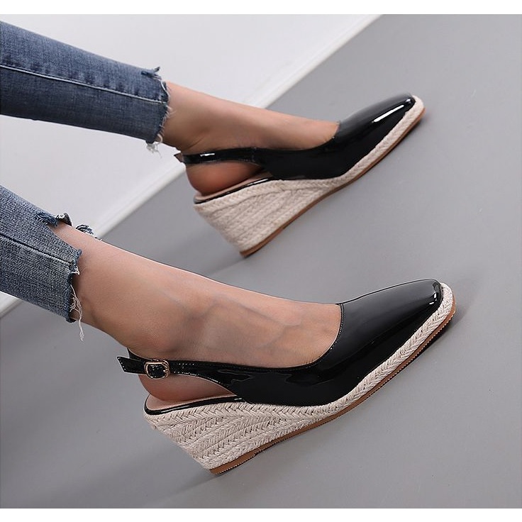 Giày cao gót đề xuồng bọc cói 8cm dáng slingback, chất da bóng