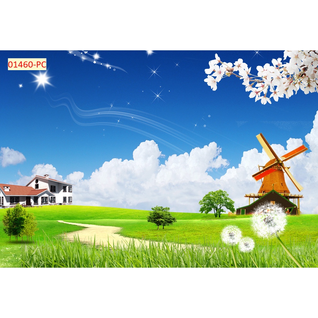 Tranh dán tường thiên nhiêu trong lành, nắng đẹp, mây trắng, trời xanh