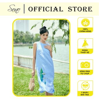 Sono - Đầm Linen Họa Tiết Vẽ Tay Đầm Linen Màu Xanh Dịu Mát