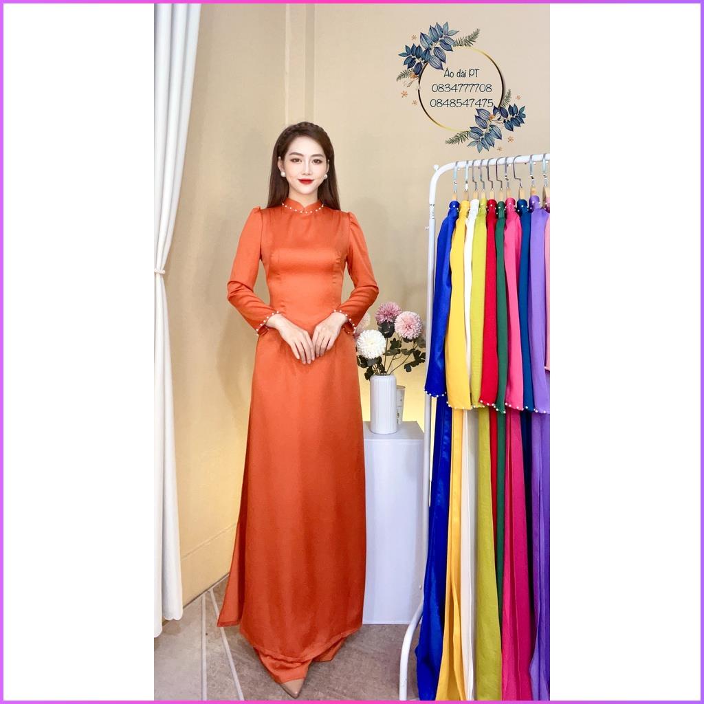 Áo Dài Chất Lụa Tây Thi Màu Cam - Áo Dài Trơn Tay Bồng Cao Cấp  - Shop PT