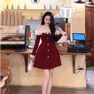 Váy Nữ Trễ Vay Chữ A Dài Tay Màu Đỏ Đen Mặc Du Lịch CHARLA