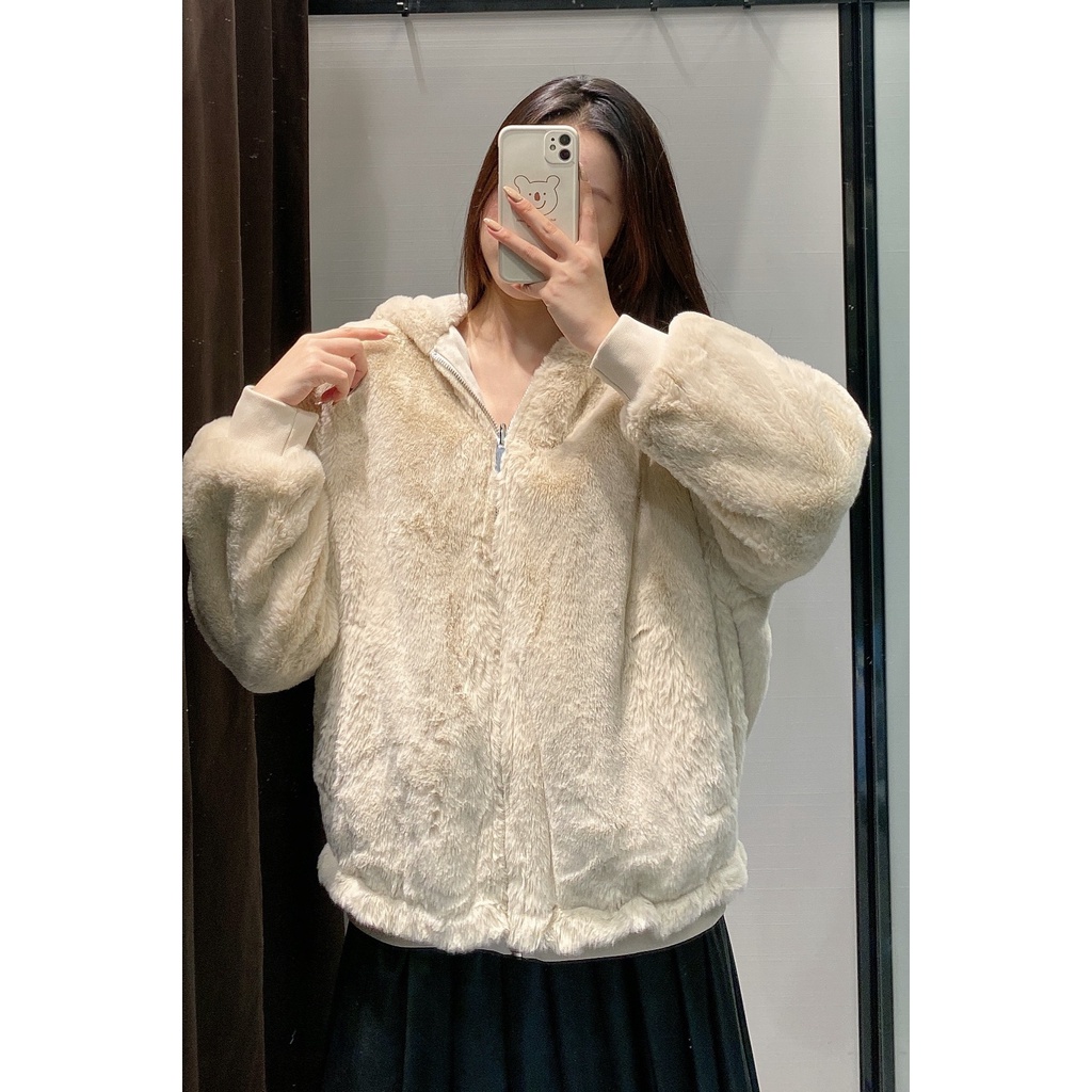 ÁO KHOÁC ZARA XUẤT DƯ TUỒN NỮ CÓ MŨ LÓT LÔNG MẶC ĐƯỢC HAI MẶT MÀU XÁM/KEM - 3046/287