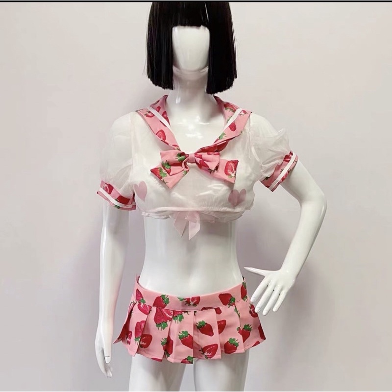 Set trang phục nữ sinh váy hồng hoạ tiết dâu dễ thương G22