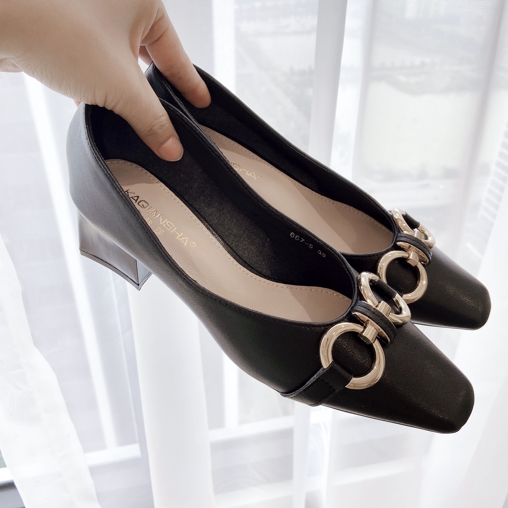 Giày Cao Gót Nữ Mũi Tròn, Giày Cao Gót Đế Vuông Charm xích Cao 4 Phân Da Mềm Cao Cấp_DA779