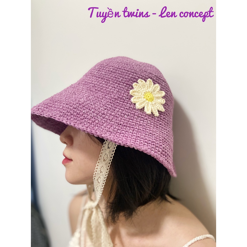 Nón len handmade - hoa cúc họa mi trang trí - có quai nón bằng ren siêu xinh