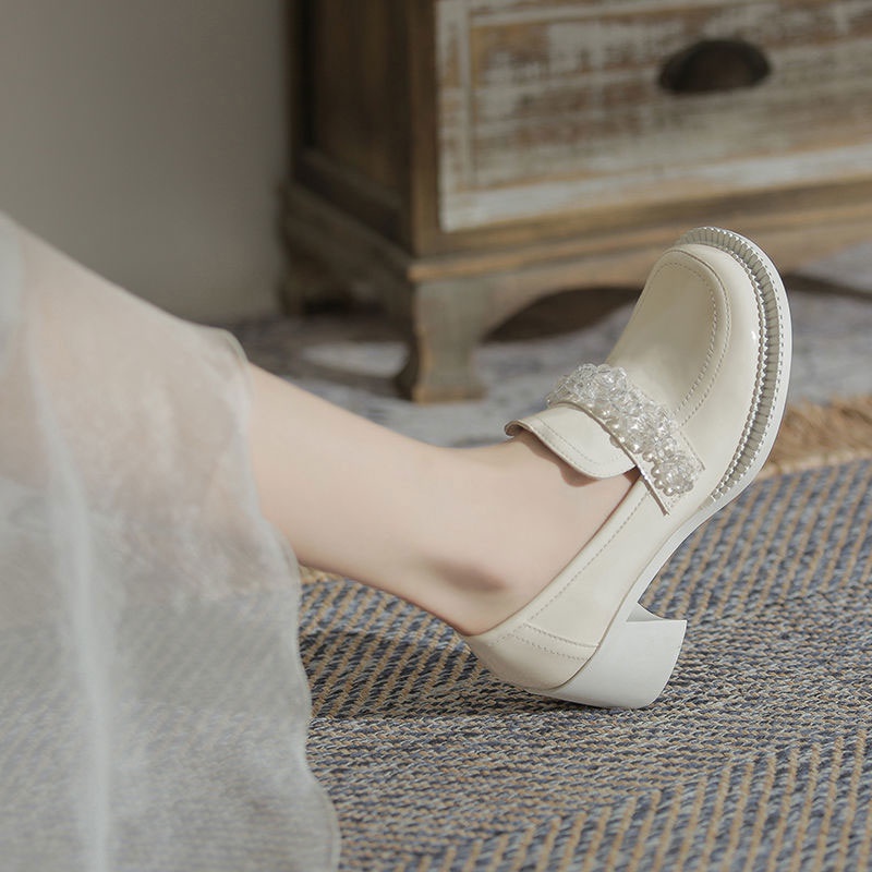 One more shoes Giày Búp Bê Mary Jane Mũi Tròn Đế Dày Đính Đá Bằng Da Phong Cách retro Dành Cho Nữ