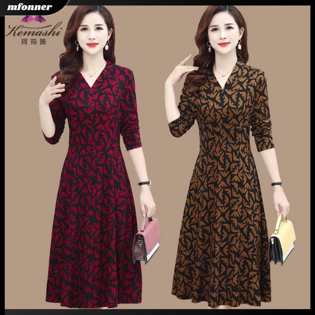 Đầm Dài Tay Cổ Chữ V Eo Cao In Hoa Thanh Lịch Dành Cho Nữ