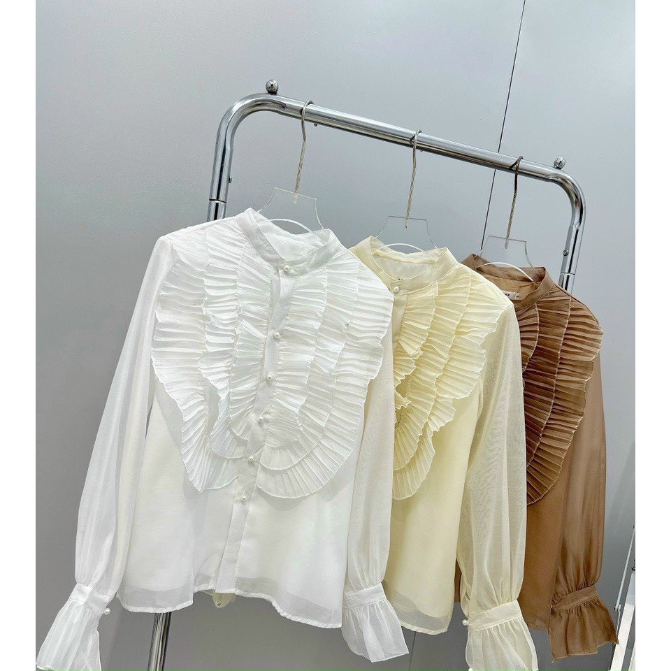 Áo sơ mi nữ tiểu thư cổ tàu phối nhún bào hàng đẹp A358 SUTANO