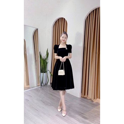 VÁY NHUNG CỨNG DÁNG XOÈ DÀI 105CM TIỂU THƯ KÈM TAG ĐÁ