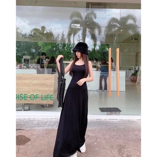 ĐẦM THUN ĐEN DÁNG DÀI XOÈ HƠ LƯNG ĐAN DÂY