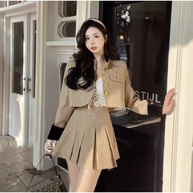 Set Dạ Tweed Phối Nhũ Áo Khoác Dạ Crop Kèm Chân Váy Xoè Phong Cách Sang Chảnh_ Hàng Order QCCC