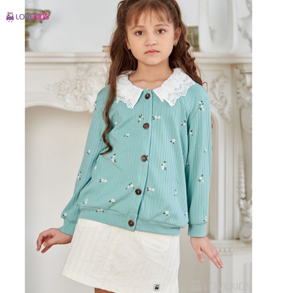 Áo khoác bé gái Lovekids, họa tiết ren phối cổ, vải cotton mềm mịn, không bông xù, size từ 6 đến 14 tuổi
