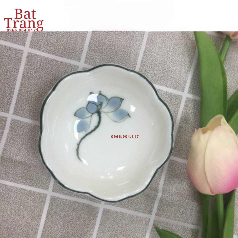 Bộ đĩa gia vị sứ, bát mắm, đĩa muối Bát Tràng cao cấp vẽ sen xanh - hàng có bảo hành