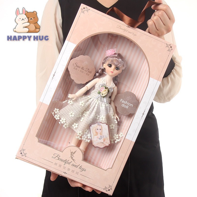 Đồ chơi trẻ em búp bê công chúa cho bé gái size 30cm có khớp, hộp quà tặng có quai xách siêu xinh - Happy Hug
