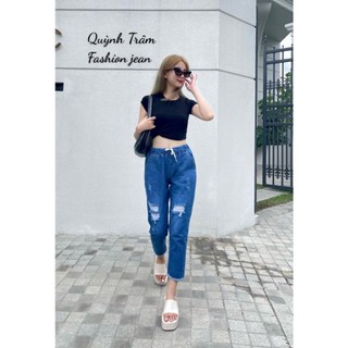 Quần Jean Baggy Dáng Lỡ Lưng Thun Lật Lai Rách Màu Xanh Đậm
