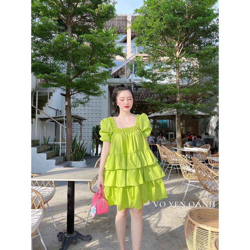 Đầm babydoll cổ vuông tay phồng, đầm xòe tầng tiểu thư tay búp nàng bầu mặc được mtb