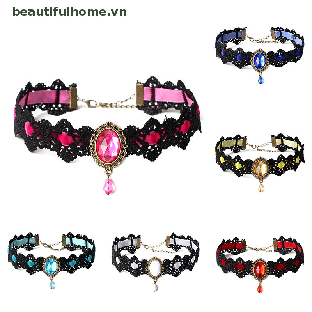[beautifulhome] Vòng Cổ Choker Ren Nhung Đen Đính Pha Lê Phong Cách Gothic Cổ Điển [beauty]
