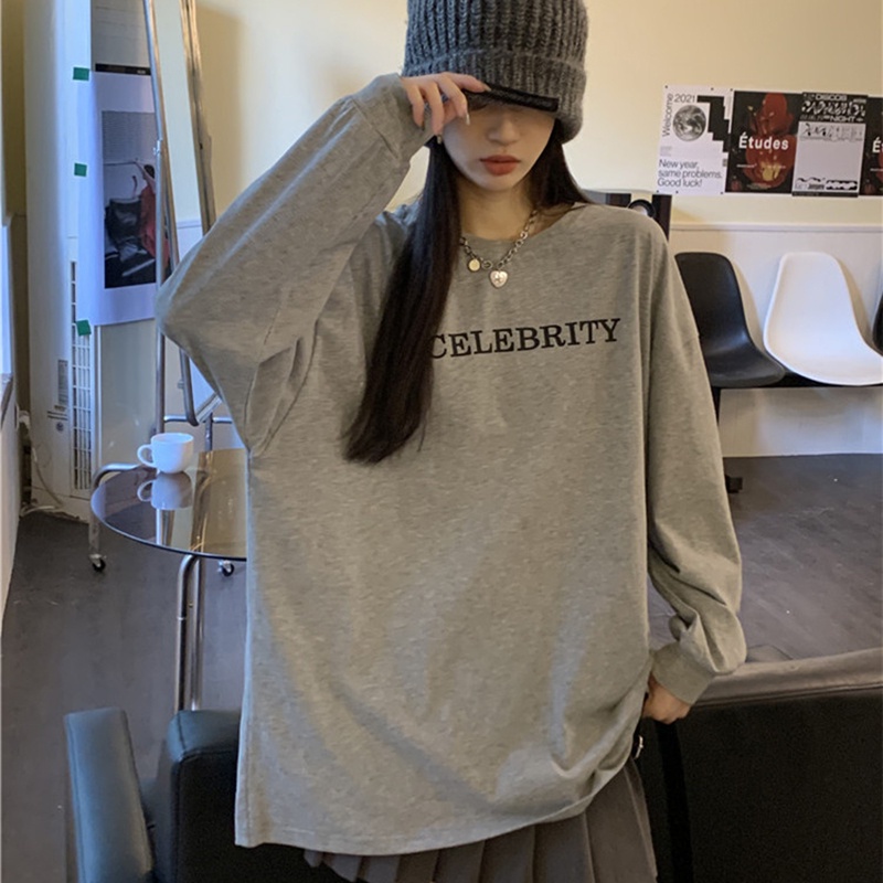 IELGY Áo Thun Tay Dài Dáng Rộng In Chữ Thời Trang Cho Nữ