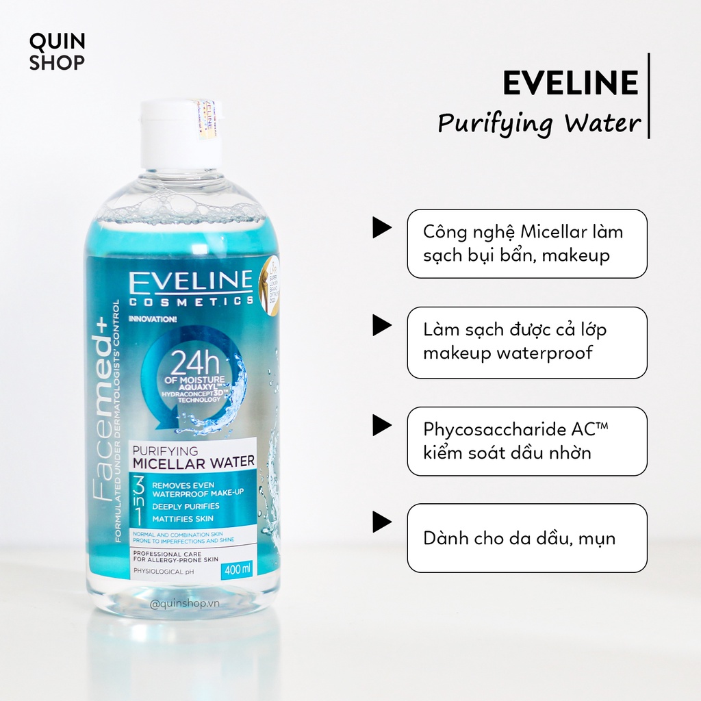 Nước Tẩy Trang Dịu Nhẹ Cho Da Mụn, Nhạy Cảm Eveline Facemed + Micellar 3 In 1