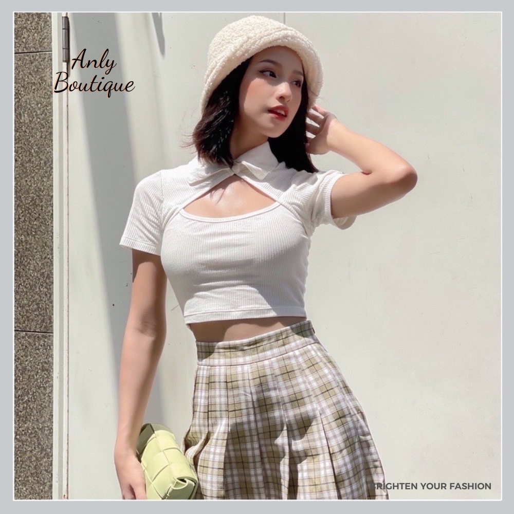 Áo Croptop polo khoét ôm tay ngắn kiểu dáng ôm body basic chất vải dày dặn đen trắng cá tính sexy- CT07