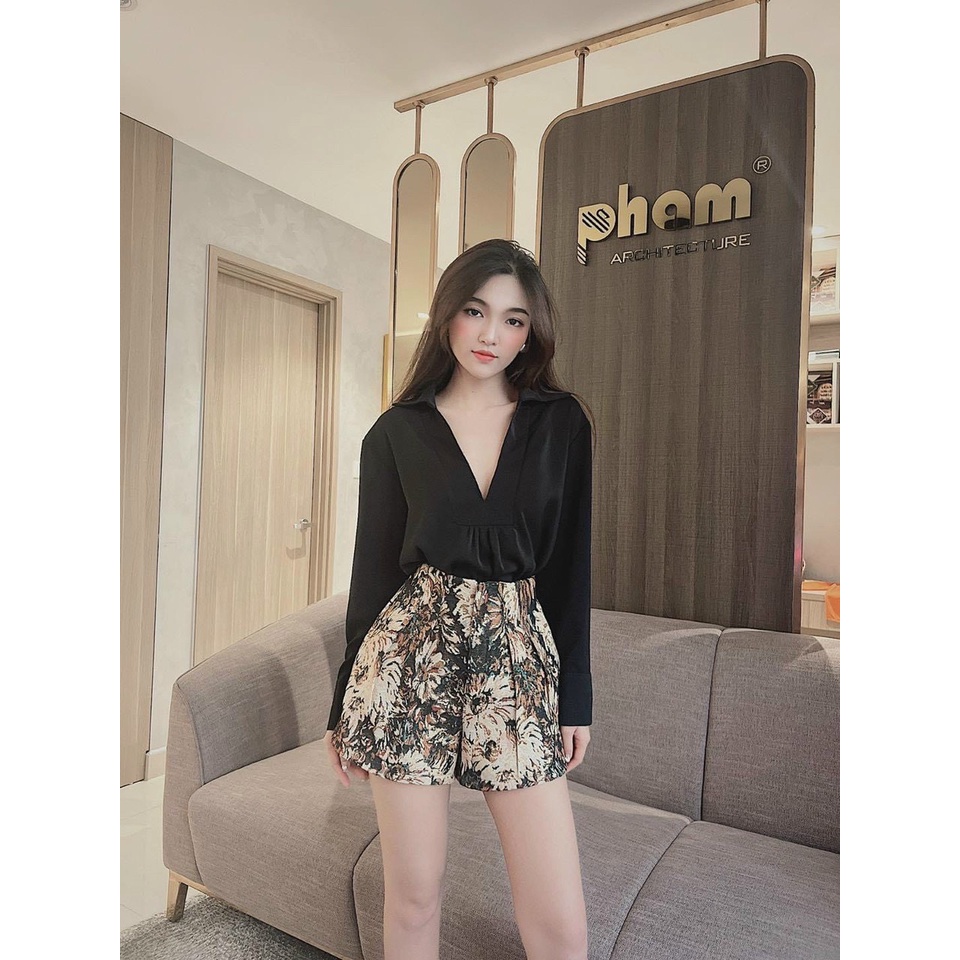 [11.11 Sale Freeship] Set bộ tiểu thư nữ,chất đũi áo dài tay cổ V kèm quần đùi họa tiết có túi đi chơi dạo phố xinh xắn