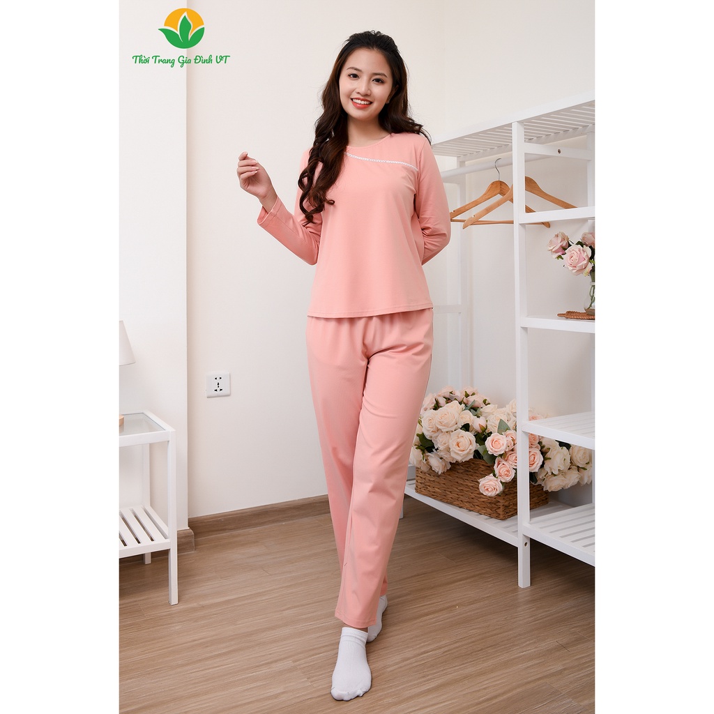 Bộ mặc nhà nữ thu đông Việt Thắng quần dài, áo dài tay trơn, chất liệu cotton - B50.2204