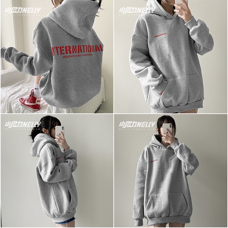 Áo hoodie Nelly nỉ lót lông mềm in hình "International" áo sweater