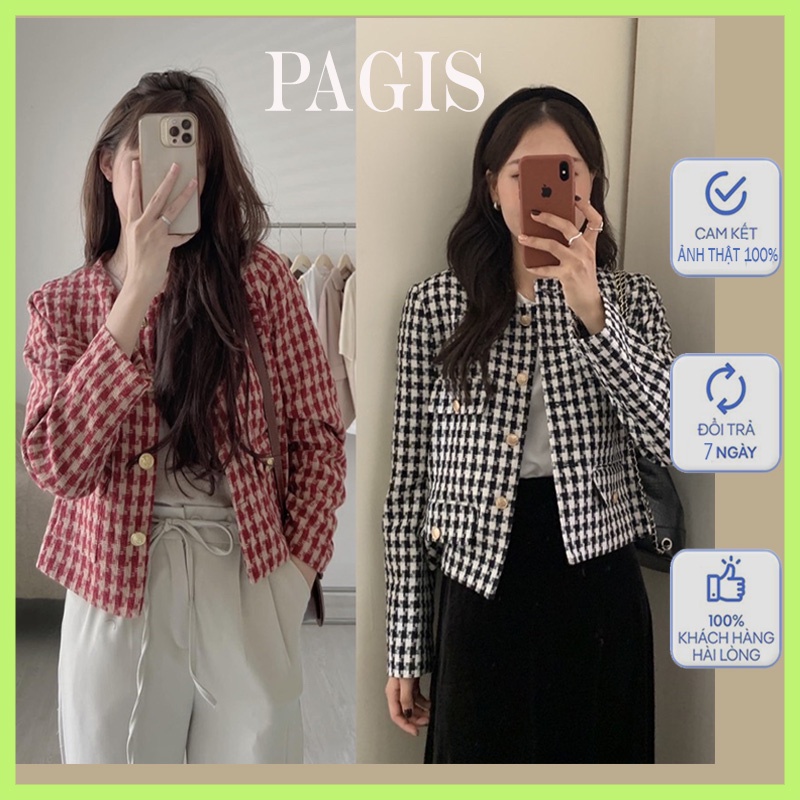 Áo Dạ Tweed Nắp Túi PAGIS Vải Hai Lớp Dày Dặn Đứng Form, Áo Dạ Kẻ Caro Vintage Siêu Xinh Có Ảnh Thật