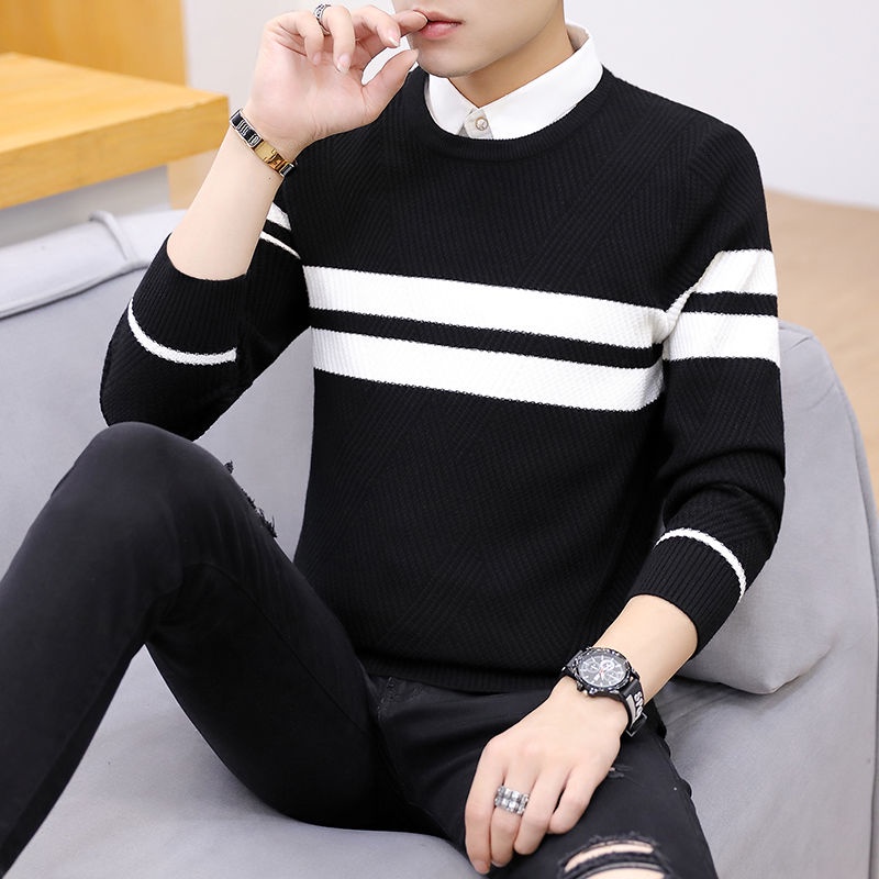 # Áo Len Nam# Áo Sweater Cotton Giả Hai Lớp Màu Sắc Đơn Giản Cho Nam