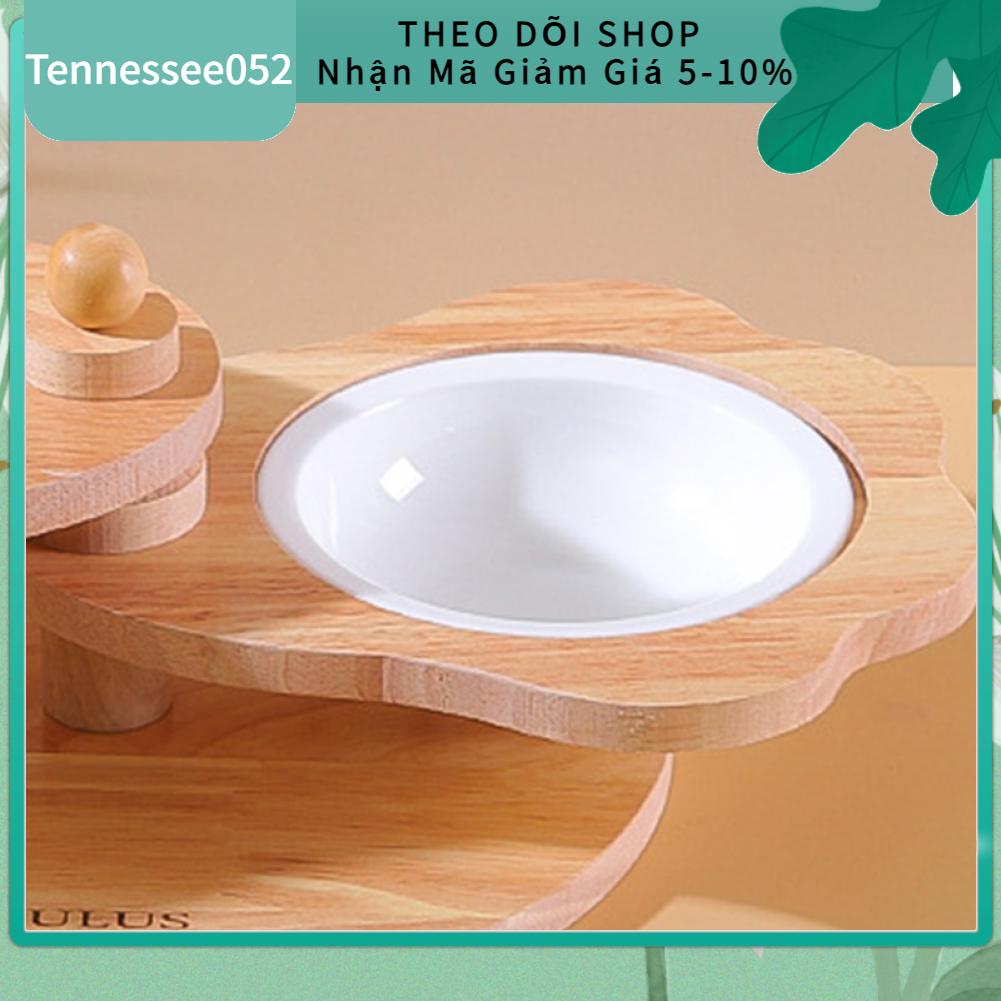 Tennessee052 Thức ăn cho thú cưng bằng gốm Bát đĩa đôi chịu nhiệt Đĩa chó mèo nâng cao Bộ bát có đế gỗ
