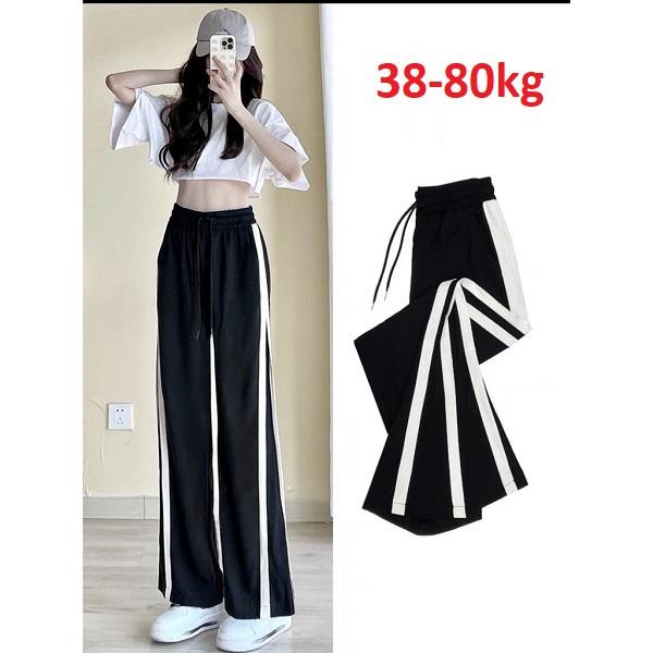 Quần Ống Rộng Suông Nữ Cạp Cao Sọc viền Cạp Thun Sọc Viền Bigsize Họa Tiết Trơn Đen Viền Trắng Vải Co Dãn 4 Chiều