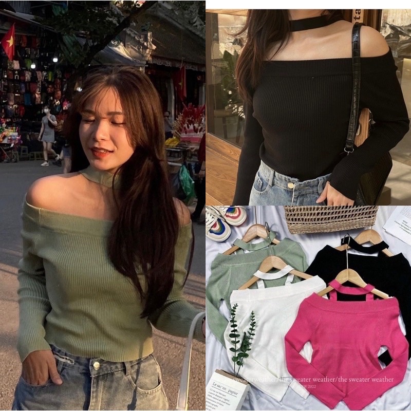 ÁO LEN DÀI TAY CỔ CHOCKER TRỄ VAI SIÊU XINH